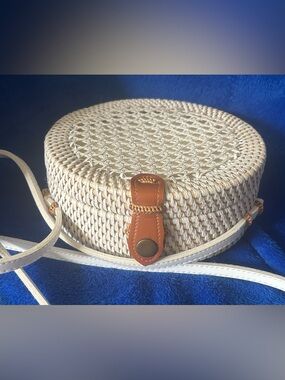 Anthropologie Round Woven Crossbody in Natural and Tan with White Strap